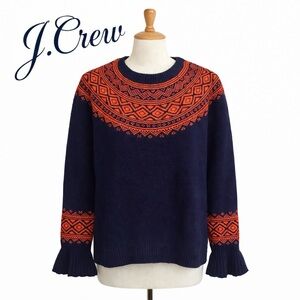 J. Crew merino wool blend sweater. Fair Isle pattern & ruffle sleeves. Sz L.